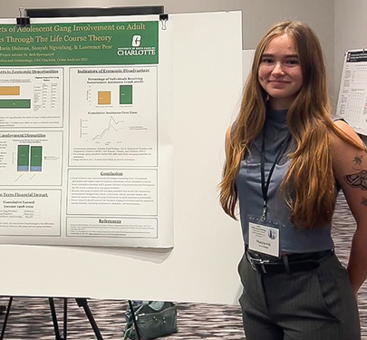 Maizie Hill poses next to her poster titled "From Street to Suit: The Effects of Adolescent Gang Involvement on Adult Employment Through Life Course Theory" at the Midwestern Criminal Justice Association Conference