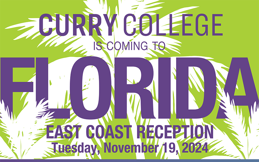 "Curry College visits alumni, families and friends in Florida" postcard with palm tree