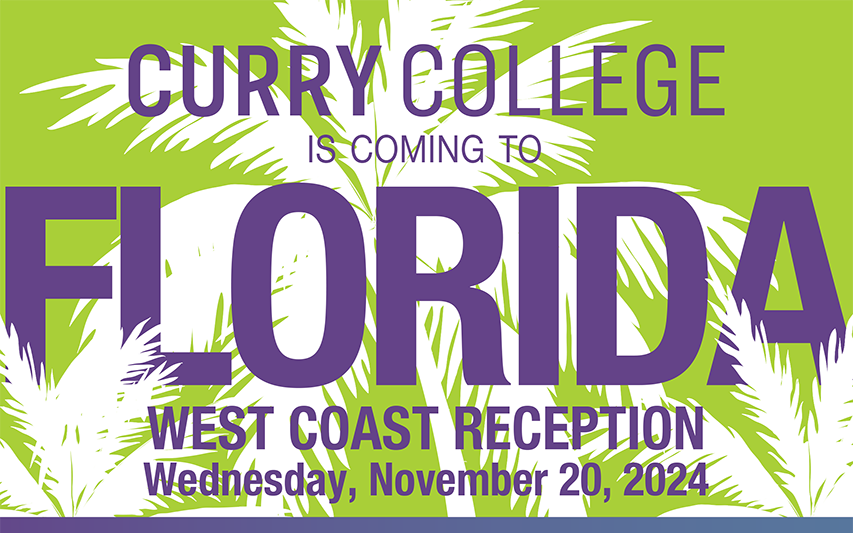 "Curry College visits alumni, families and friends in Florida" postcard with palm tree