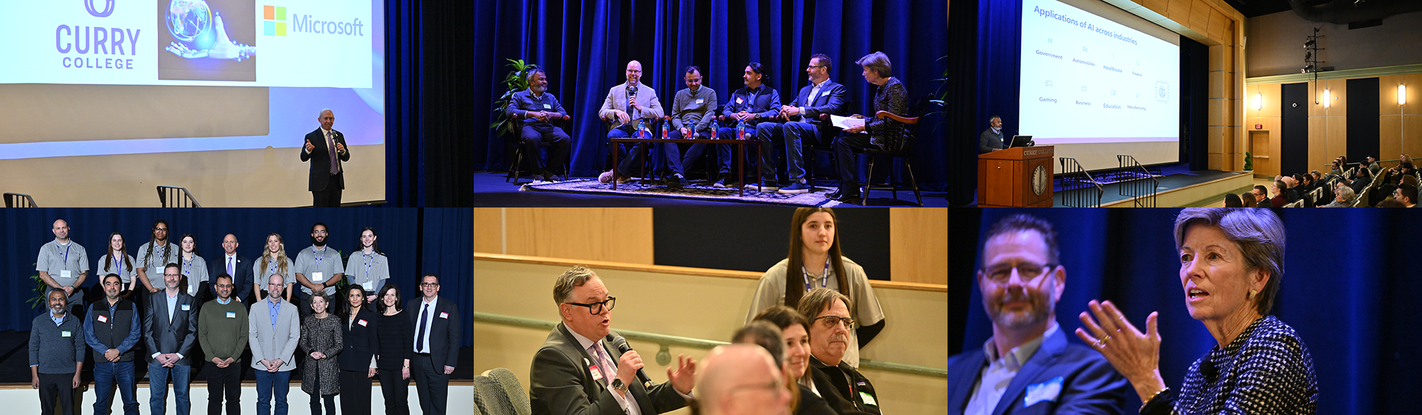 A collage of photos of panel, presenters and audience as Curry welcomed Microsoft experts for a panel discussion on How AI is Pioneering Innovation