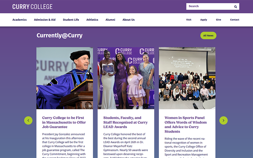 The Curry College website homepage