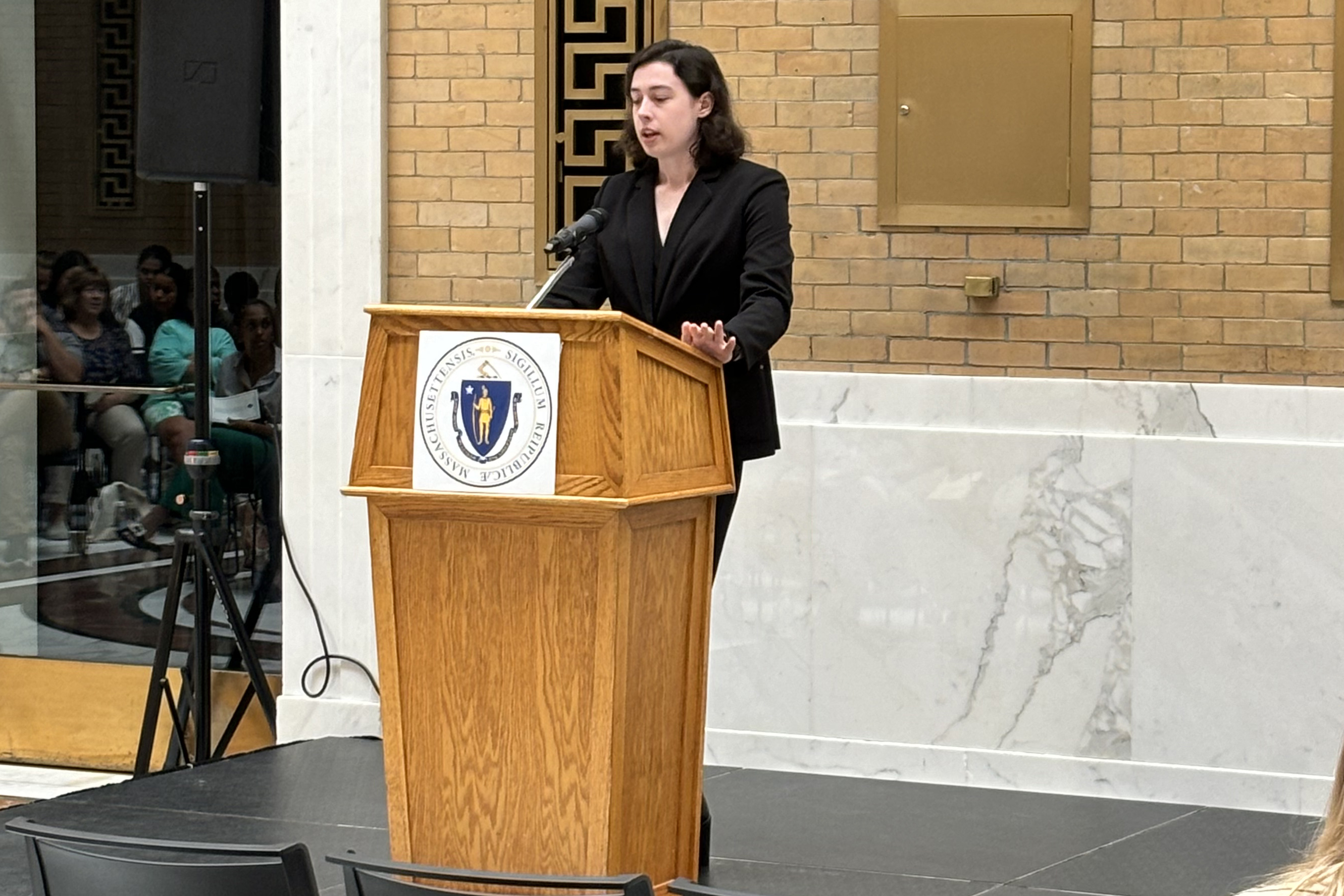 Cheryl Kohl addresses her peers at state officials at the Massachusetts State House