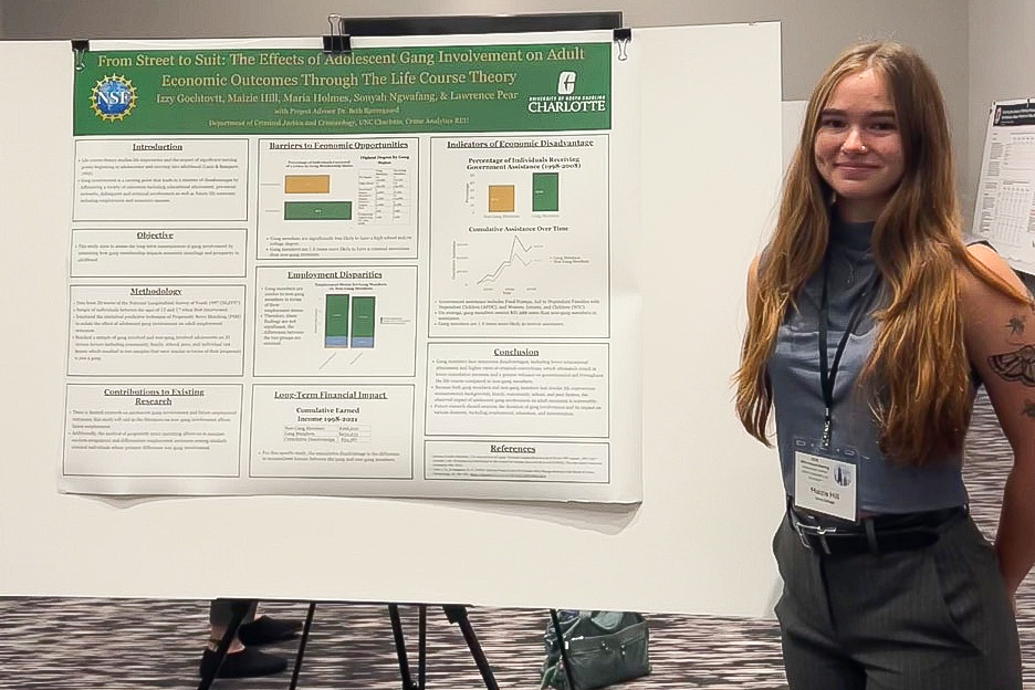 Maizie Hill poses next to her poster titled "From Street to Suit: The Effects of Adolescent Gang Involvement on Adult Employment Through Life Course Theory" at the Midwestern Criminal Justice Association Conference