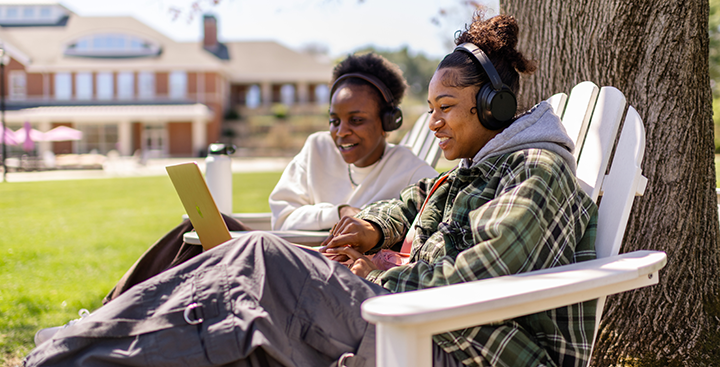 Students on their laptop in Adirondack chairs on Westhaver Park