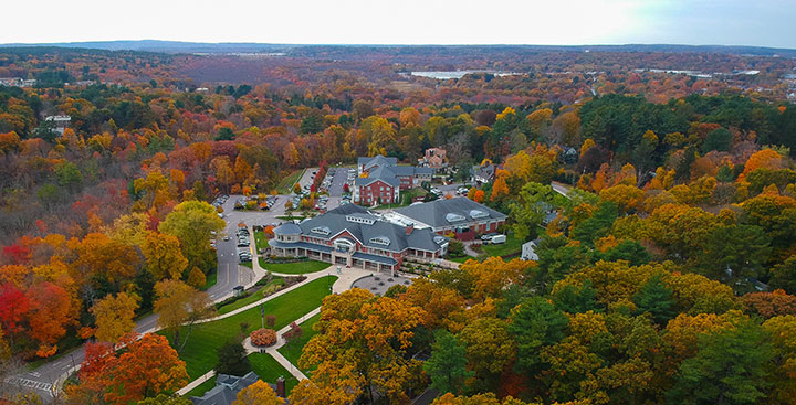 Curry College campus from above in autumn