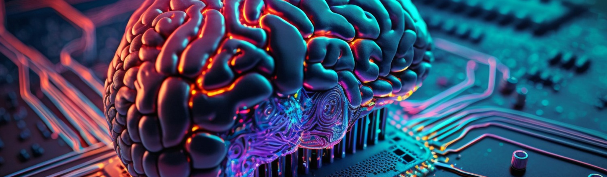 A brain linked to a computer graphic represents the AI and Business Certificate program at Curry College