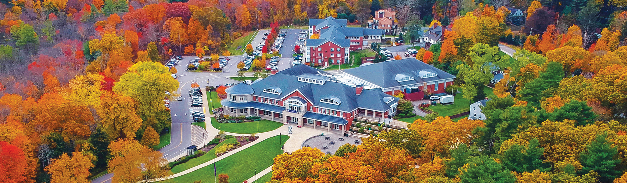 Curry College campus in autumn from above