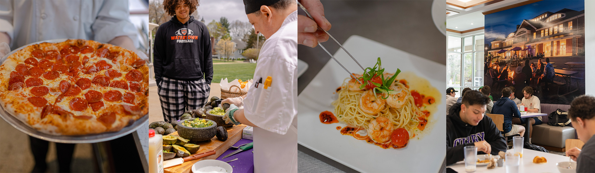 A collage of images represent Curry College Dining options