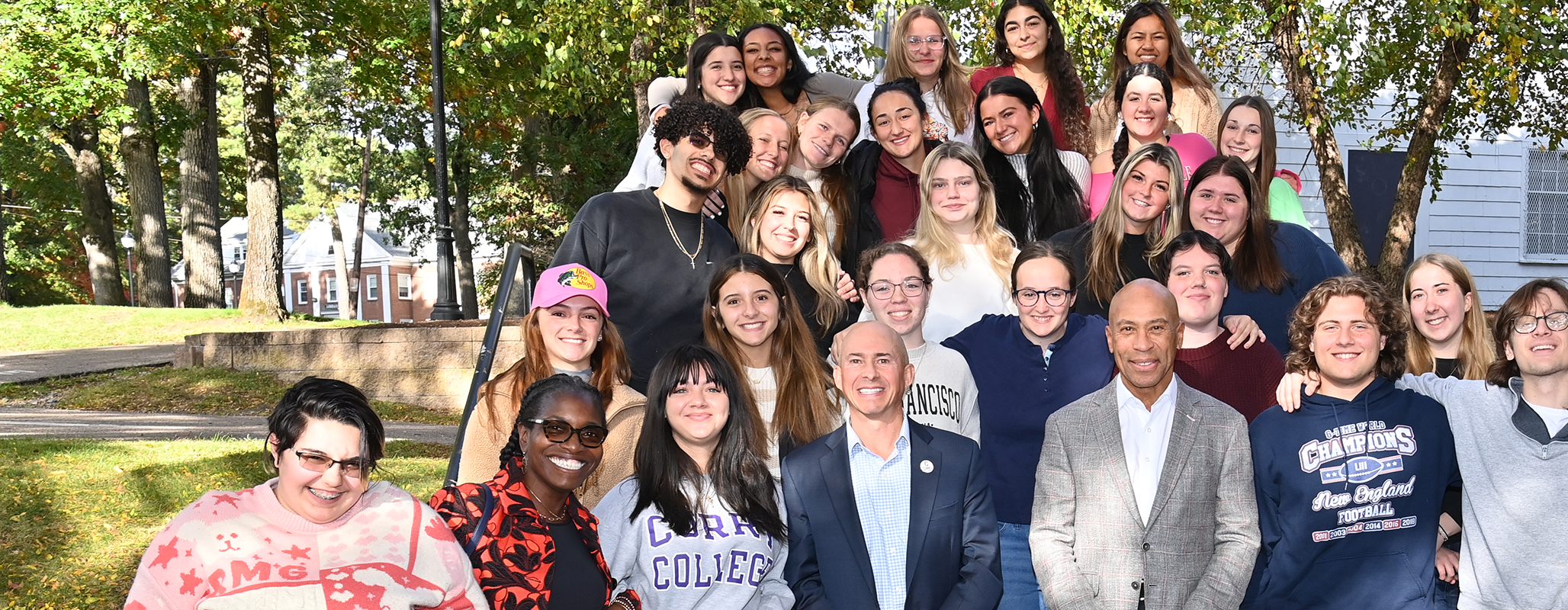 Former Governor Deval Patrick with President Jay Gonzalez and student-members of the President's Leadership Program